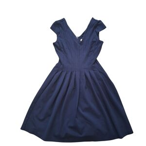 White House Black Market Navy Blue Seamed V-Neck Fit-And-Flare Dress, Sz 2